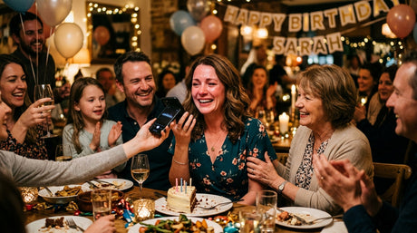 Femme émue qui reçoit une chanson personnalisée pour son anniversaire