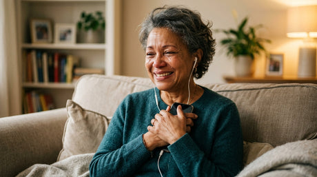 Femme émue qui écoute une chanson personnalisée pour la fête des mères